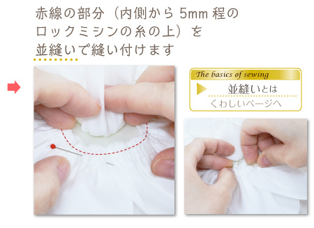 赤線の部分（内側から5mm程のロックミシンの糸の上）を並縫いで縫い付けます
